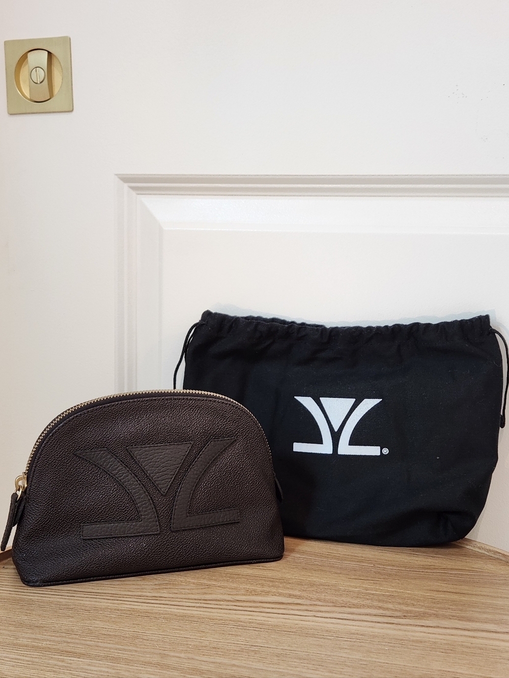 Suzy Levian Dark Brown Leather Cosmetic Bag With Dust Bag